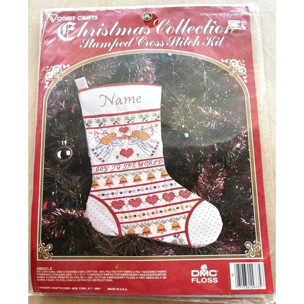 Vtg Vogart DMC Christmas Stocking Kit Stamped Cross Stitch Angel Sampler Joy NIP